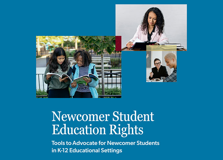 Collage of three images of students doing coursework, reading, and speaking with a faculty member with the words Newcomer Student Education Rights