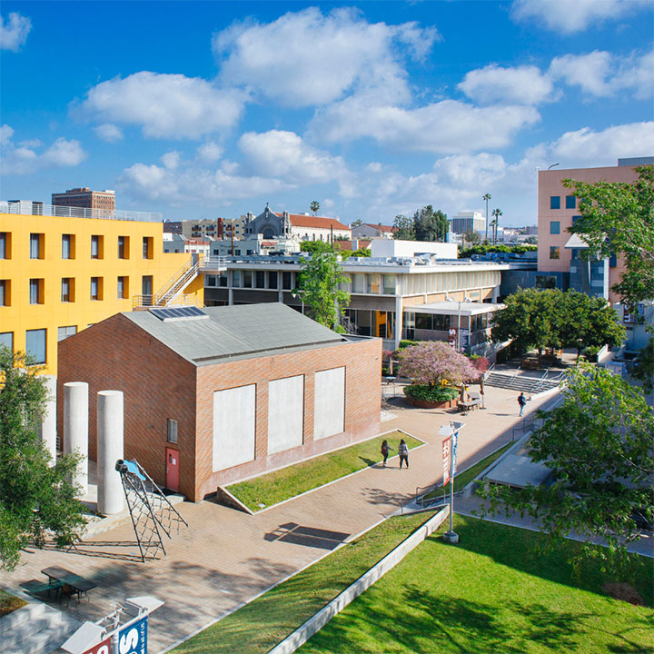 Aerial video of the Loyola Law School campus during the day