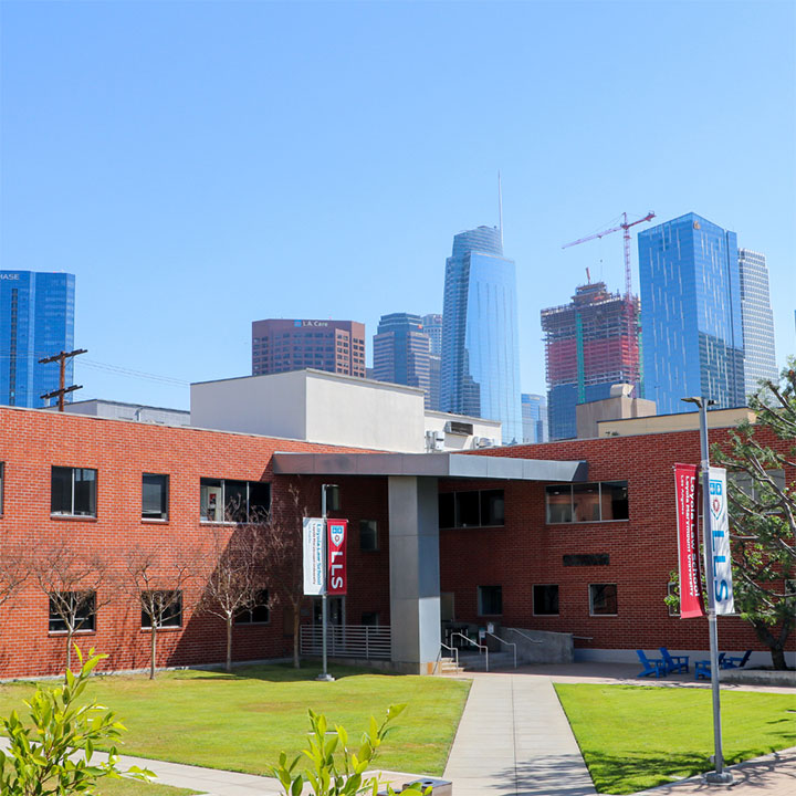 Founders Hall with downtown Los Angeles buildings in the distance