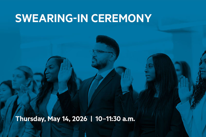 LMU Loyola Law School Swearing-In Ceremony Thursday, May 14, 2026 | 10–11:30 a.m. A group of professionally dressed bar-passers raise their right hand to take their oath.
