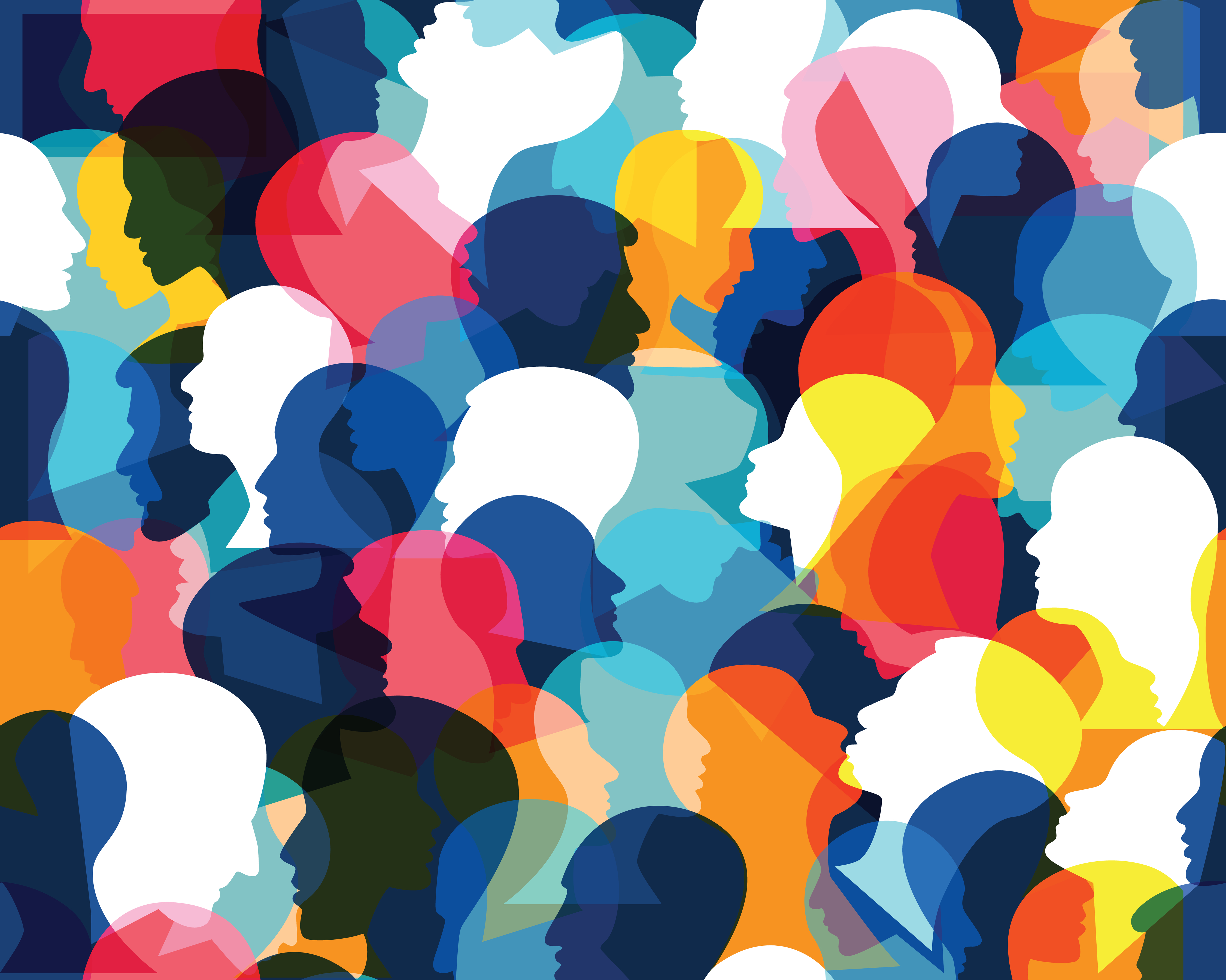 Illustration of colorful overlapping head silhouettes representing diversity, equity, and inclusion.
