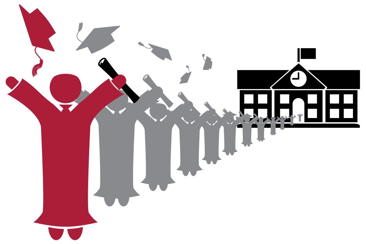 Graphic of a long line of students leaving a schoolhouse in graduation gowns throwing their caps in the air