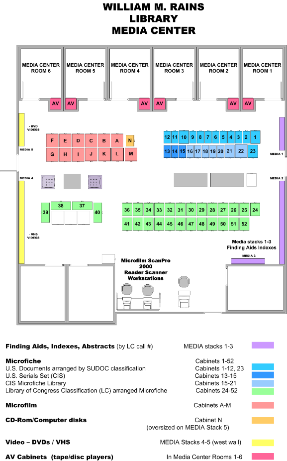 Embeddable Image map of the Media Center of the library's Rains Building - updated September 2014